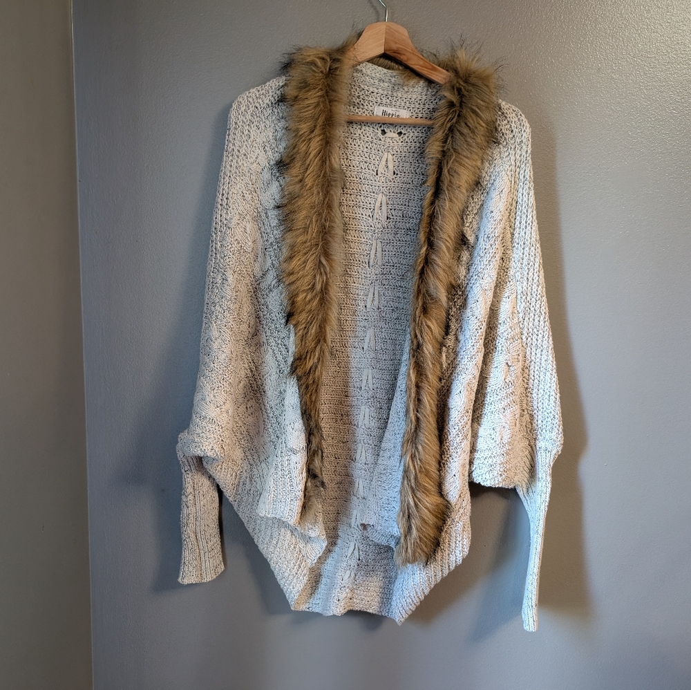 Military Hippie Boho Faux Fur Trim Cardigan Cable‎ Knit One Size Fits Most
